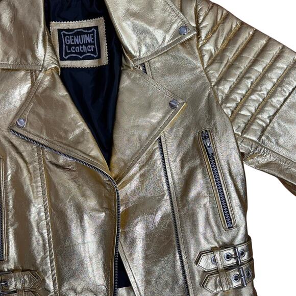 Women's Gold Metallic Style Genuine Leather Jacket - Sz: XXS - Picture 8 of 8